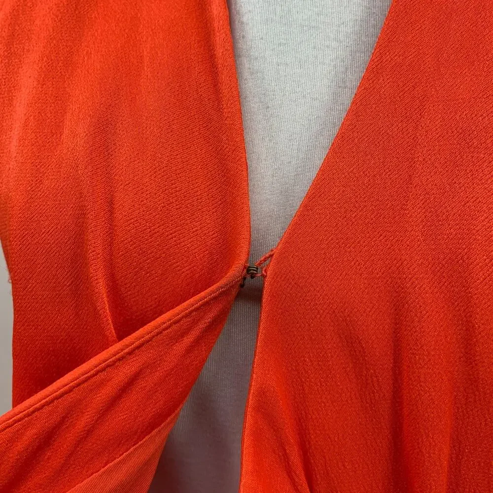 Maeve Dress Womens XS Extra Small Coral Open Back Satin Faux Wrap Tie Waist Midi